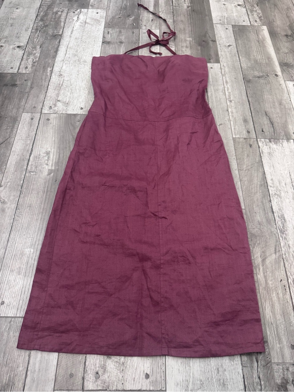 Naf Naf Linen Tie Halter Straps Maroon Rami Lightweight Midi Dress 42